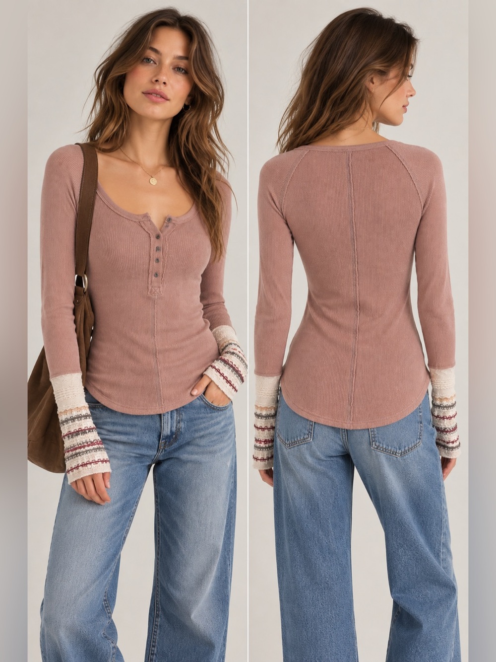 Ribbed Henley Long-Sleeve Top in Dusty Rose
